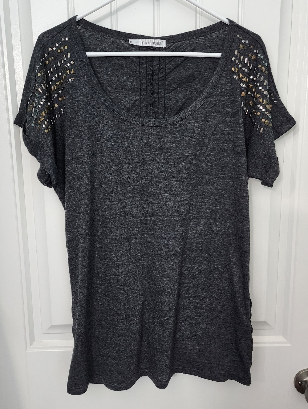 Maurices Charcoal Scoop Neck Tee with Metallic Shoulder Studs, Plus Size 0